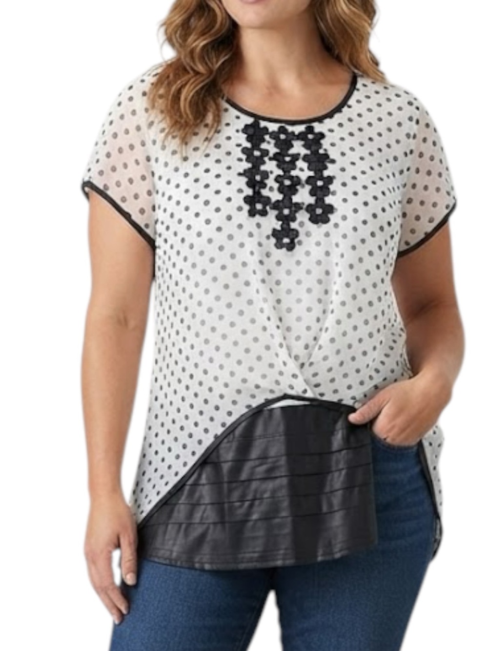 A BY D Polka Dot Tunic Top with Vegan Leather Details & Floral Appliqué Size L